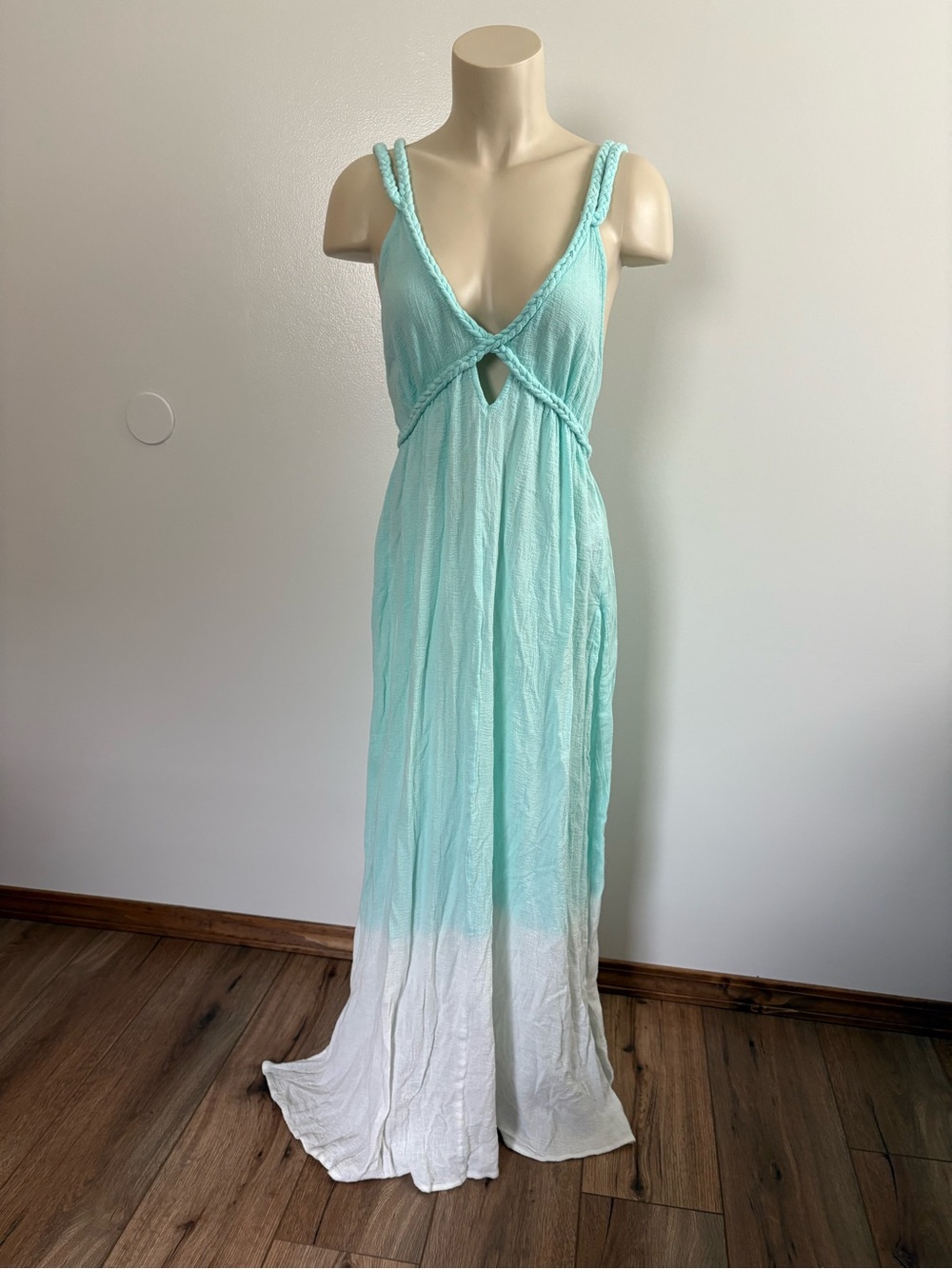 ASOS Design Cotton Gauze Braided Cutout Maxi Dress Mint Green Dip-Dye Size 8